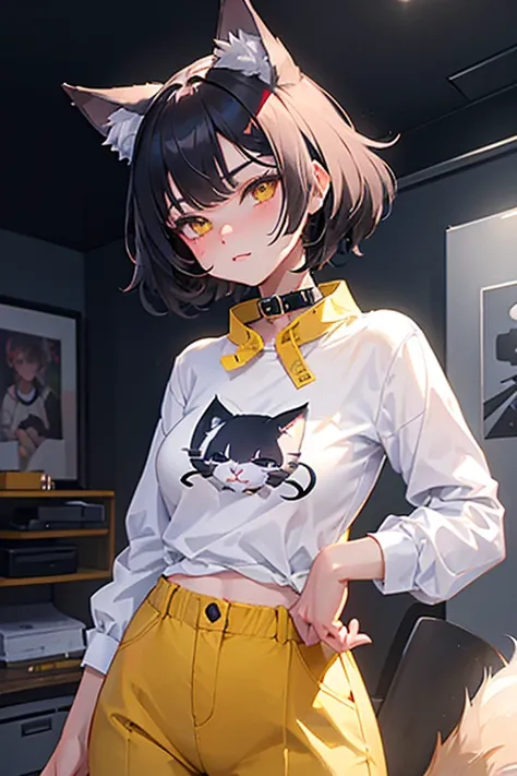 cartoon cat with a white shirt and yellow collar and a black cat with a yellow collar, a cartoon inspired by Leiko Ikemura, trending on deviantart, furry art, female fursona, furr covering her chest, female furry mini cute style, holo is a wolf girl, fur c...