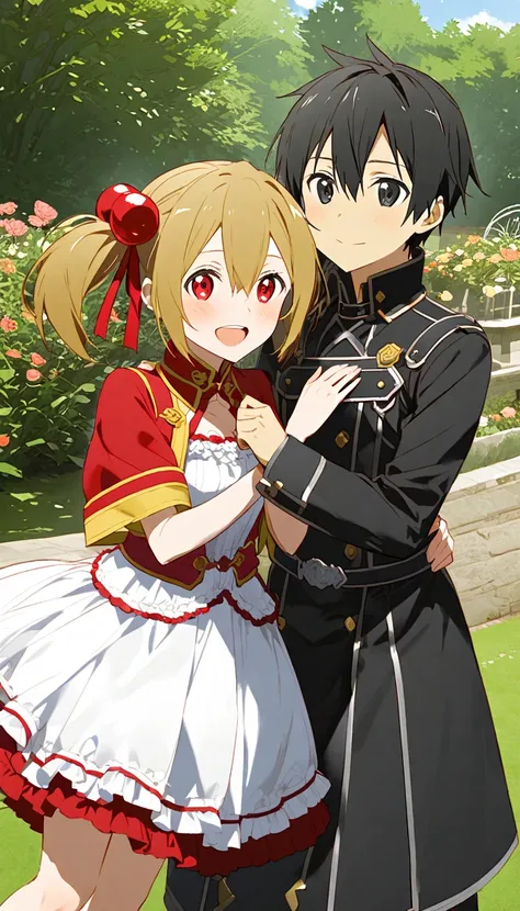 Kirito from Sword Art Online proposing to Silica in a garden 