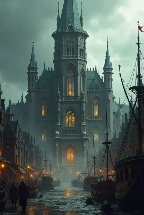 Create me a town hall in a port city in a dark fantasy world the house is said to have a ship as a symbol