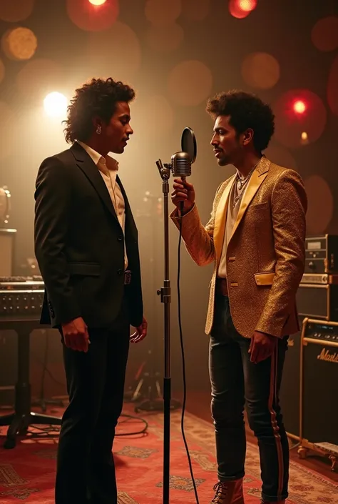 Bruno Mars playing Michael Jackson in a biopic, while Sasha Boren is by his side, playing Freddie Mercury, inside a recording studio for a song in production. Cinematic photography, as if a screenshot of the scene had been taken in the middle of the film.