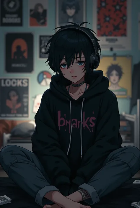 A shy, quiet anime japanese teenager, with tattoos and a nose piercing, with a hood and headphones on, has a black, oversized band hoodie, black, cargo, oversized jeans, has messy, black, attractive hair, attractive face and a shadow over it, sitting on a ...