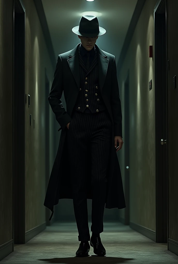 Nitsuke Plague, wearing his black fedora, wearing his black pinstriped waistcoat with black shirt around him, wearing his black pinstriped pants, his black shoes with long black socks on it, standing in the hotel hallway with spaces in it