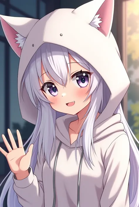 anime girl with long white hair wearing a hoodie and a cat hat, nyaruko-san, beautiful anime catgirl, anime visual of a cute girl, holo is a wolf girl, cute anime catgirl, an anime girl, anime girl with cat ears, anime catgirl, young anime girl, white - ha...