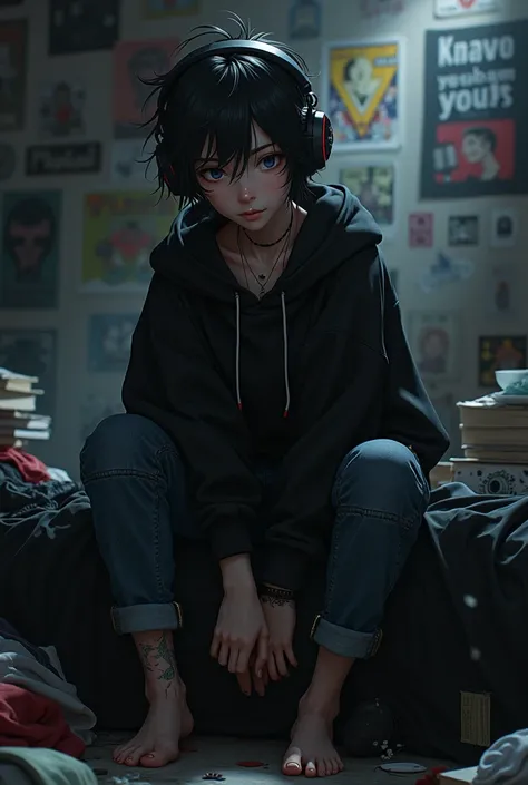 A shy, quiet anime japanese teenager, with tattoos and a nose piercing, with a hood and headphones on, has a black, oversized band hoodie, black, cargo, oversized jeans, has messy, black, attractive hair, attractive face and a shadow over it, sitting on a ...