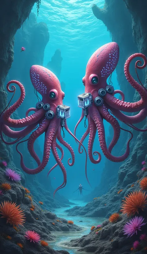 Artistic representation of octopuses with alien technology, in a futuristic underwater environment.