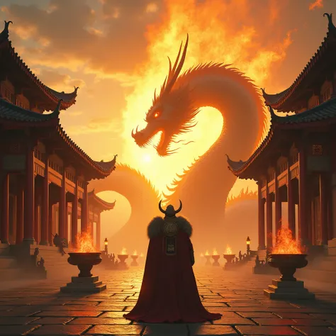 Un roi viking en contre-jour avec une couronne, un palais chinois, A huge golden Chinese dragon that breathes fire, flames, brazier, 4K, epic, viking,  battlefield, tons chauds