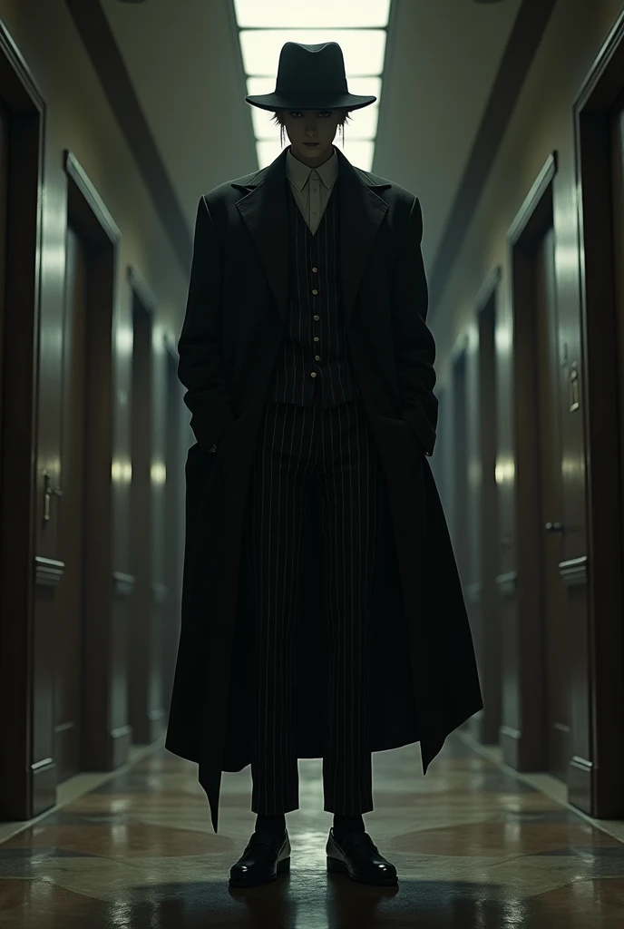 Nitsuke Plague, wearing his black fedora, wearing his black pinstriped waistcoat with black shirt around him, wearing his black pinstriped pants, his black shoes with long black socks on it, standing in the hotel hallway with spaces in it