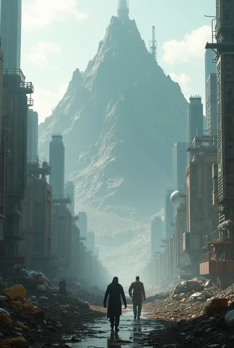 a futuristic city with some people and in the background we can see mountains of trash