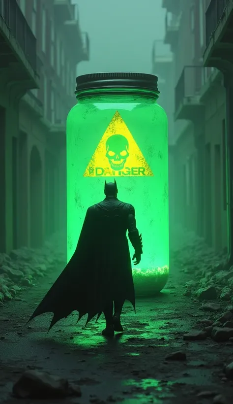 "A vigilant and sharply detailed Batman with normal eyes, walking toward a glowing jar. The jar features a yellow triangular logo with a skull symbol and the word DANGER written prominently. The jar emits an eerie green light, suggesting extreme hazard, pl...