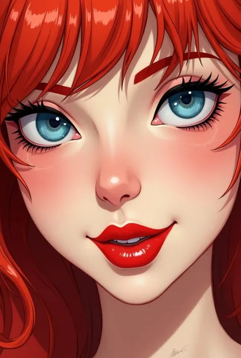 A close up of a cartoon girl with red hair and lipstick on her lips, Valorant jet, ross drawings cartoon vibrant, inspired by ross drawings, ross drawings 1. 0, ross drawings 2. 0, ross drawings and jazza, ross drawings digital painting, ross drawings port...