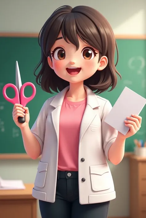 Create a mascot , With dark brown hair on the shoulder , wearing black pants, pink t-shirt,  short sleeve white teachers coat ,  body with pink scissors in one hand and a blank sheet of A4 paper in the other,  brown eyes . Teacher background , 85kg .