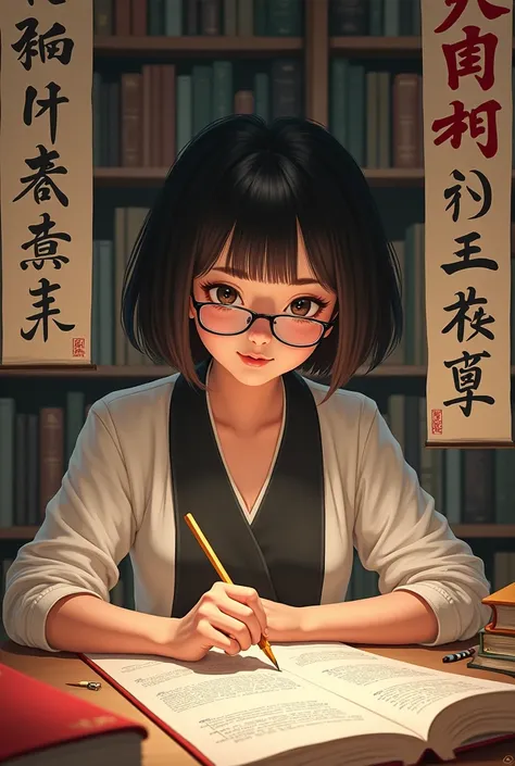 Make me a picture of the girl learning Chinese she has short hair and glasses I need more chinese letters