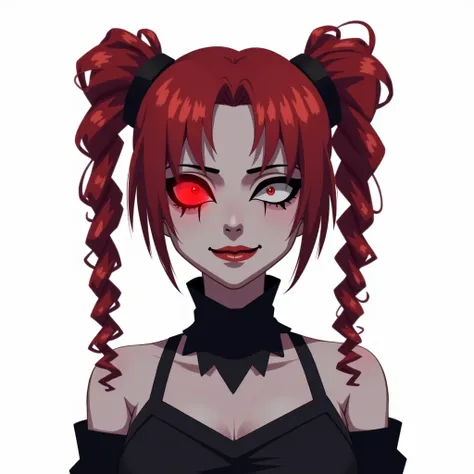 pixel art, evil red eye, pale skin, female ,flat chest ,long twintail red drill hair,white png background