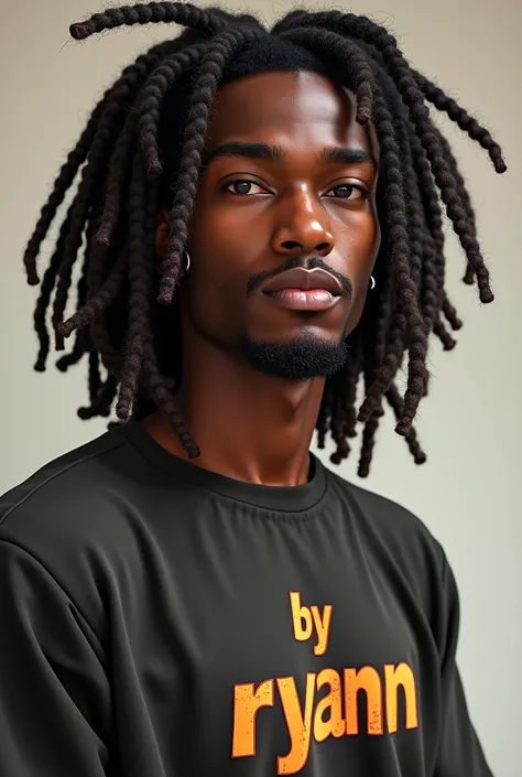 Make a young black man with dreadlocs with a huge chin and a shirt written by ryann