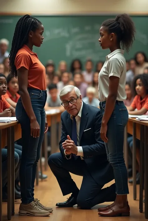 Three Black girls stand in class in front of a white older man kneeling .the teacher is wearing a . suit There are a lot of students in the classroom . realistic photo . high quality 