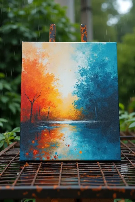 canvas placed on a ,  grill to protect it from rain