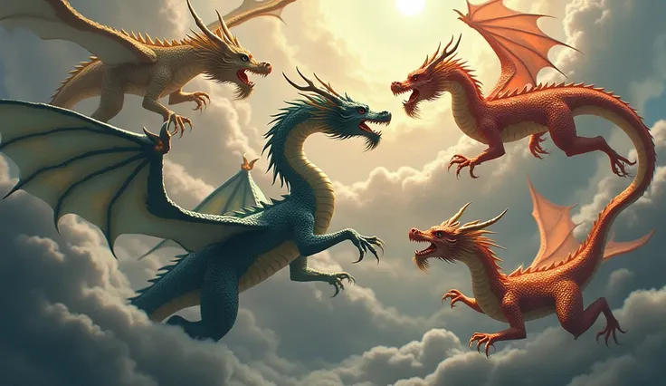 A montage of dragons, across cultures, Chinese, European, African, and Native American, intertwining in the sky,