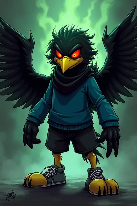 evil anthropomorphic crow with rowdy black hair blue sweater black scarf black shorts gray sneakers with their wings spread yellow beak and yellow legs with a dark demonic shade with red eyes mobian furry style Sonic style in sketch , Dark shading, expelli...