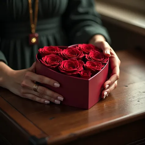 ultra realistic red roses in a heart shaped box on the teachers desk and a ladys hand on it