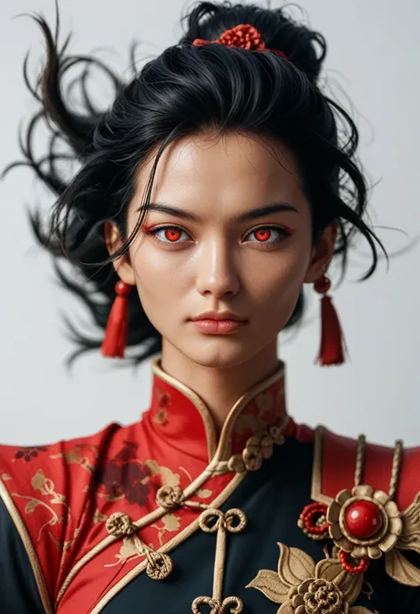 (date:20241125, By:JouliosJack) 1 girl, woman, handsome, ink, Chinese armor, ((2.5D)), black hair, floating hair, delicate eyes, black and red antique damask Hanfu, fov, (f1.8), (masterpiece), (portrait shot), front shot, white background, (movie poster)