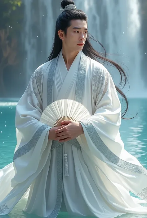 ((best quality)), ((masterpiece)), (detailed), perfect face Photo realistic image of a 25 years old young man white and silver flowing hanfu. Proud, regal personality, Attractive, long black hair. Looks like Shi Wudu from Heaven Official’s Blessing. Male. ...