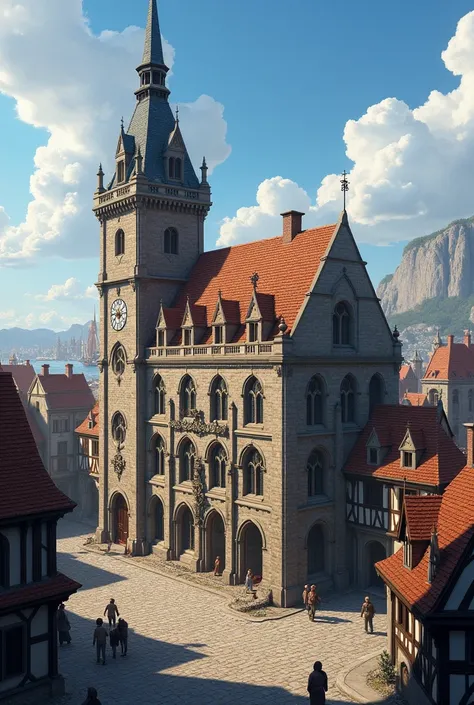 Build me a normal-sized building which should represent a town hall in the Middle Ages in a port city 