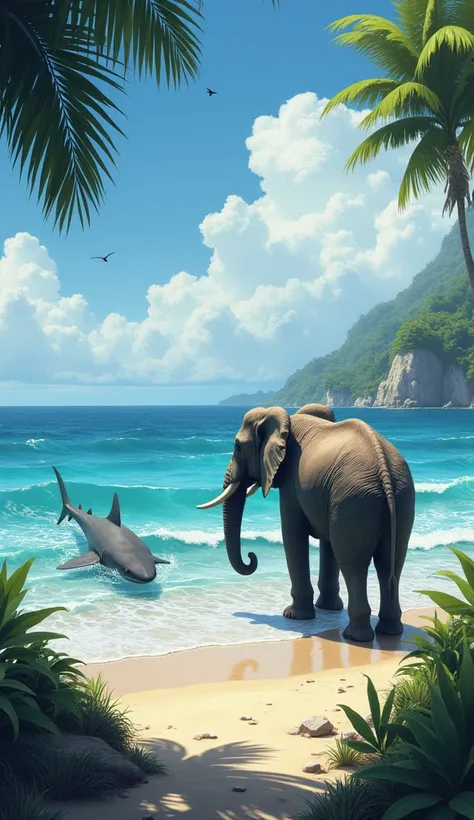 In a coastal scene, show an elephant standing near the shore and a shark swimming in the shallow waters nearby, both facing the ocean, symbolizing a rare unity between land and sea creatures."