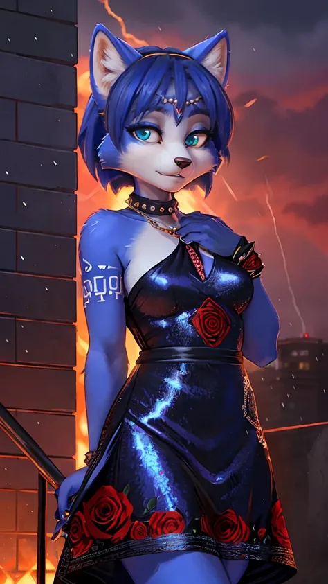 a picture of ((krystal)), Star Fox-Krystal, lovable, green eyes, ((( long blue hair 1 .3))), Decollete, anthro, Fuzzy,  detailed Fluffys fell,  detailed face , (Fluffy), Alone,    dark clothes 、dark good、dark skirt、 Best bust、Ravine、Luck、A slender、provocat...