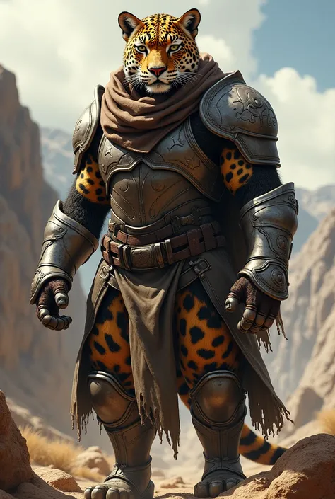 a leopard in armor and with a pioneer scarf around his neck only