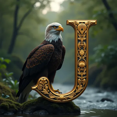 The image shows an eagle on the riverbank and in front of the Eagle the letter"J" Large with luxury letter ,  the letter is gold and black and shining 