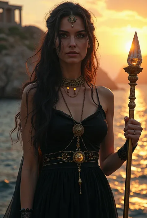 " Create an enigmatic and powerful sorceress inspired by Circe ,  the famous Greek mythological figure .  She has long, dark hair that flows as if suspended in air ,  with threads that flash with magic . His face,  serene but full of power ,  reflects the ...