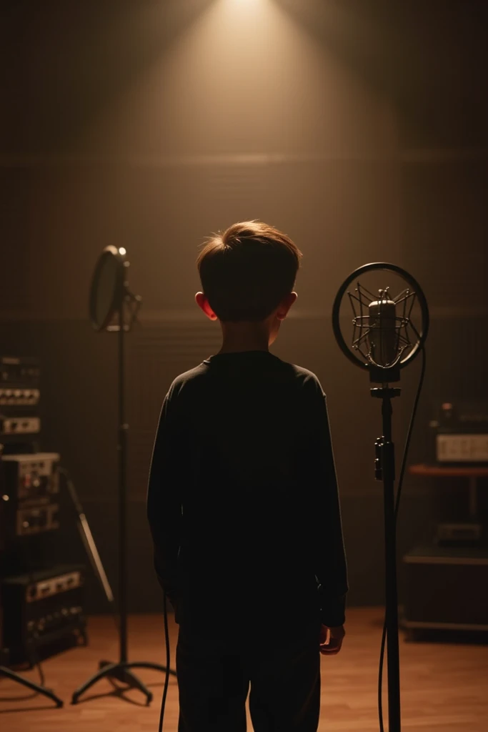 I want to make a video where a boy is singing in a studio, and the camera shows only the back side of the boy.