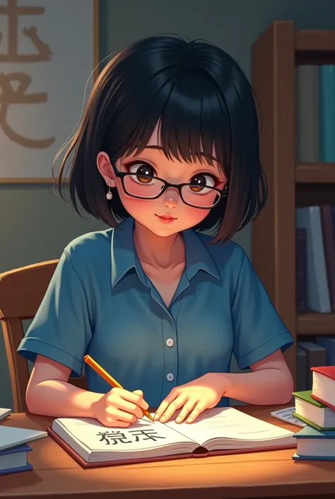 Give me a picture of the girl who is learning Chinese she has short hair and glasses I need to add another chinese letter in a blue shirt wearing a t-shirt and trying to learn