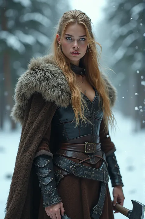 A sexy and blond woman,  with Viking clothes holding an axe ,  in the background of a snow-covered forest 