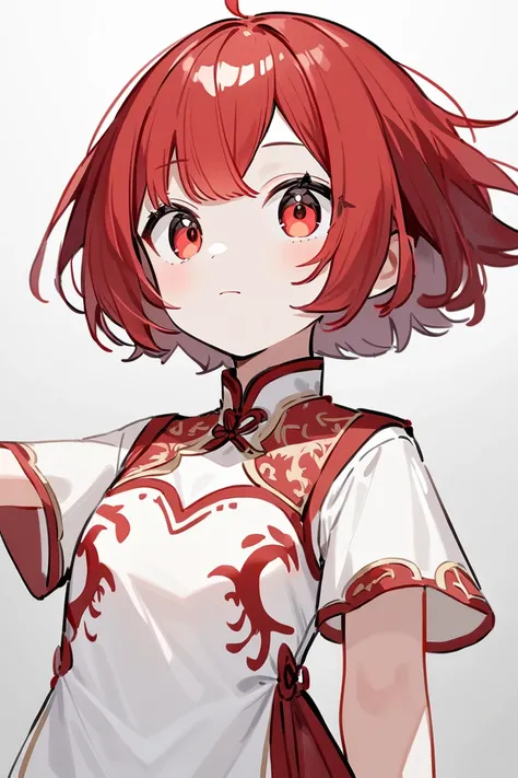  no background　 white china dress　Standing in front　Red Hair　Short Hair　 looking at the camera