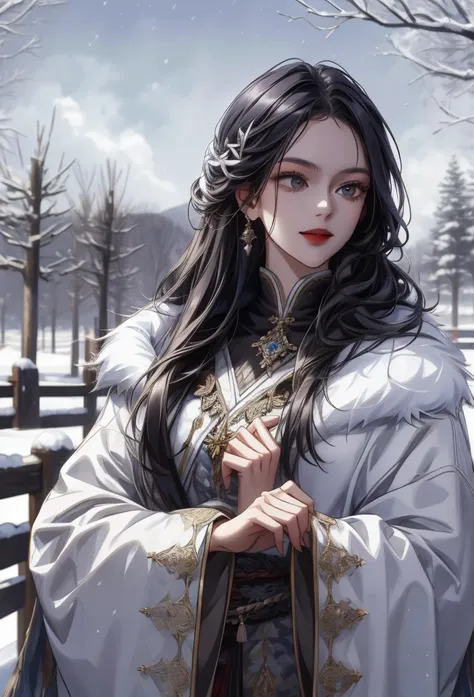 girl in warm noble clothing with fur, in a snowy garden, the sky is dark, now everywhere 