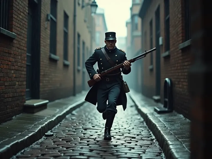 A 19th century soldier ,   runs down a narrow alley.