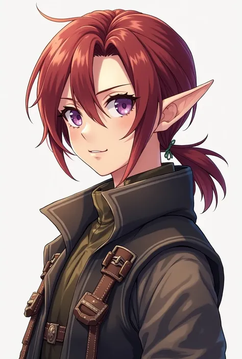 beautiful drawing, adventurers gear, androgynous half elf, short rounded pointed ears, lavender eyes smart, light hair below the shoulders combed back, fighter aesthetic, dark red hair, anime style, portrait, facing the camera, fluffy hair, 30 year old, br...