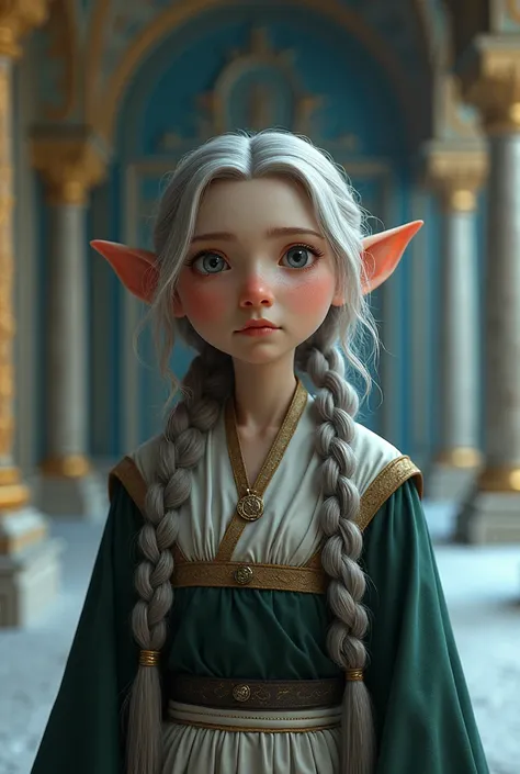 Elderly and wise fae ladys maid with slightly pointed ears, a rosy complexion, and a knowing expression. She wears a servant class uniform with her long hair neatly braided. Set in a palace in a winter fae realm. Photorealistic 