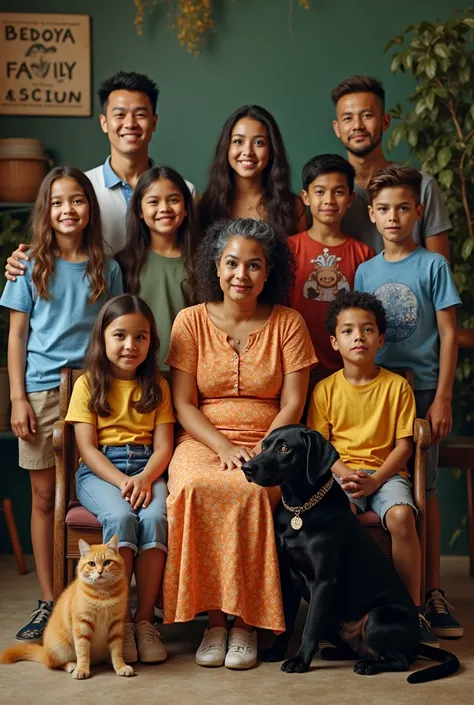 A COLOMBIAN FAMILY WITH A BRUNETTE TEA GRANDMOTHER SITTING IN THE MIDDLE ARE 8 MALE UNCLES AND 2 FEMALE AUNTS SURROUNDED BY NEPHEWS AND WITH A BLACK COKER DOG AND A YELLOW CAT AND WITH A SIGN THAT SAYS BEDOYA FAMILY