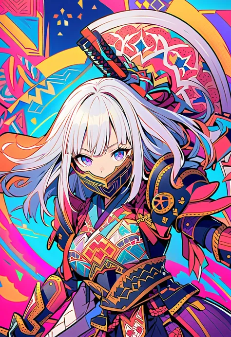 {worst quality, low-quality}, A vibrant and colorful illustration of an anime-style female samurai character with white hair, holding her sword in front of her face. She is wearing traditional Japanese adorned with floral patterns, a backdrop filled with c...