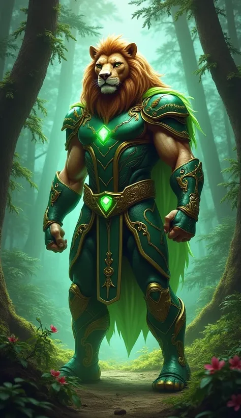 3. Guardian of Nature: A hybrid creature with the upper body of a lion, including a thick mane, and the lower body of a heavily muscled human, standing protectively in a magical twilight forest. The superhero costume features emerald-green and bronze armor...