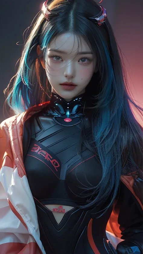 (masterpiece,  Top Quality,  Top Quality, Official Art,  beautifully , Aesthetic:1.2), Portrait, ( 1 cyberpunk babe  ),  big iridescent eyes ,  beautiful skin , (  long pink and blue hair with bangs), VERY DETAILED, ( neon color fractal art :1.3),  perfect...