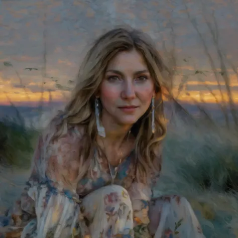 , which shows a woman , сидящая в поле на фоне Sunsetа, pictorial portrait , in an oil painting style , Portrait painting , oil painting of a realistic woman , Sunset ; digital oil painting , awarded oil painting , in an oil painting style , Center...