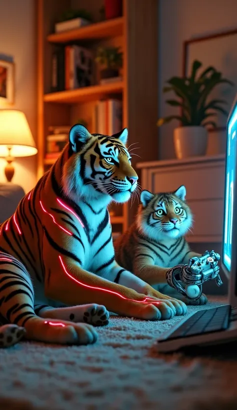 An ultra-realistic, highly detailed, realistic rendering of a cyborg tiger and a goofy dog playing video games in a cozy living room. The tiger has glowing red stripes, and the dog has mechanical paws, 8K, photorealistic, precision.