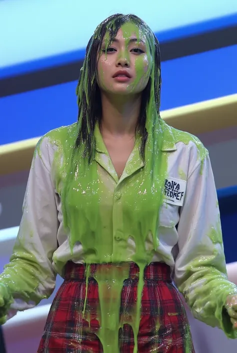 Cinematic photograph of Asian woman covered in green slime. hyper-realistic style. Long fake eyelashes. 8k. Photorealistic. Glistening slime. Green slime. Dripping slime. Raw photo. Asian Instagram influencer. Asian model. (Asian schoolgirl: 1.1). black ey...