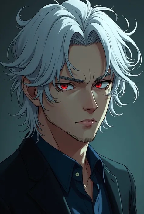  Anime Style，White Long Hair 、slightly curly hair，Mature，Handsome、 Psychologist、Individually  、 Red-red Eyelids 、Eyelid sharp，33 years old Male，No love laughing ，