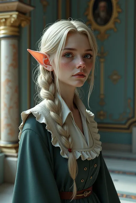 Elderly and wise fae ladys maid with slightly pointed ears, a rosy complexion, and a knowing expression. She wears a servant class uniform with her long hair neatly braided. Set in a palace in a winter fae realm. Photorealistic 