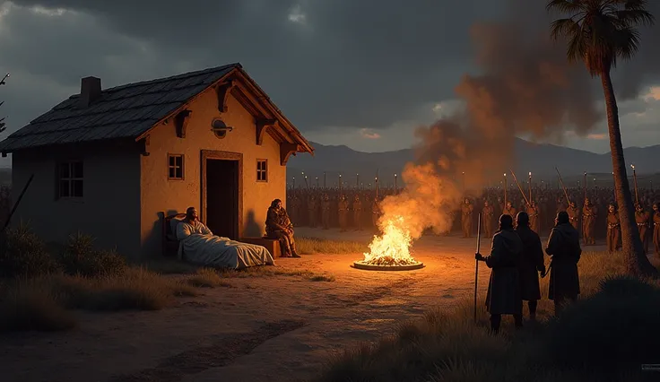 An epic, grand concept art scene with Samson sleeping peacefully inside a simple Israelite house. Outside, the village is surrounded by a relentless Philistine force, ready to strike. The scene is filled with dramatic tension, showing the contrast between ...