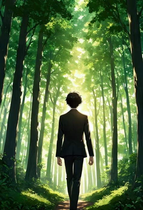  The gentle anime work shimmers about the dense forest .  There is a skinny 18-year-old boy with short black hair with wavy short dark hair ,  in a black suit walking forward , His hands raised forward to catch the light of dawn.,  the forest stands out wi...